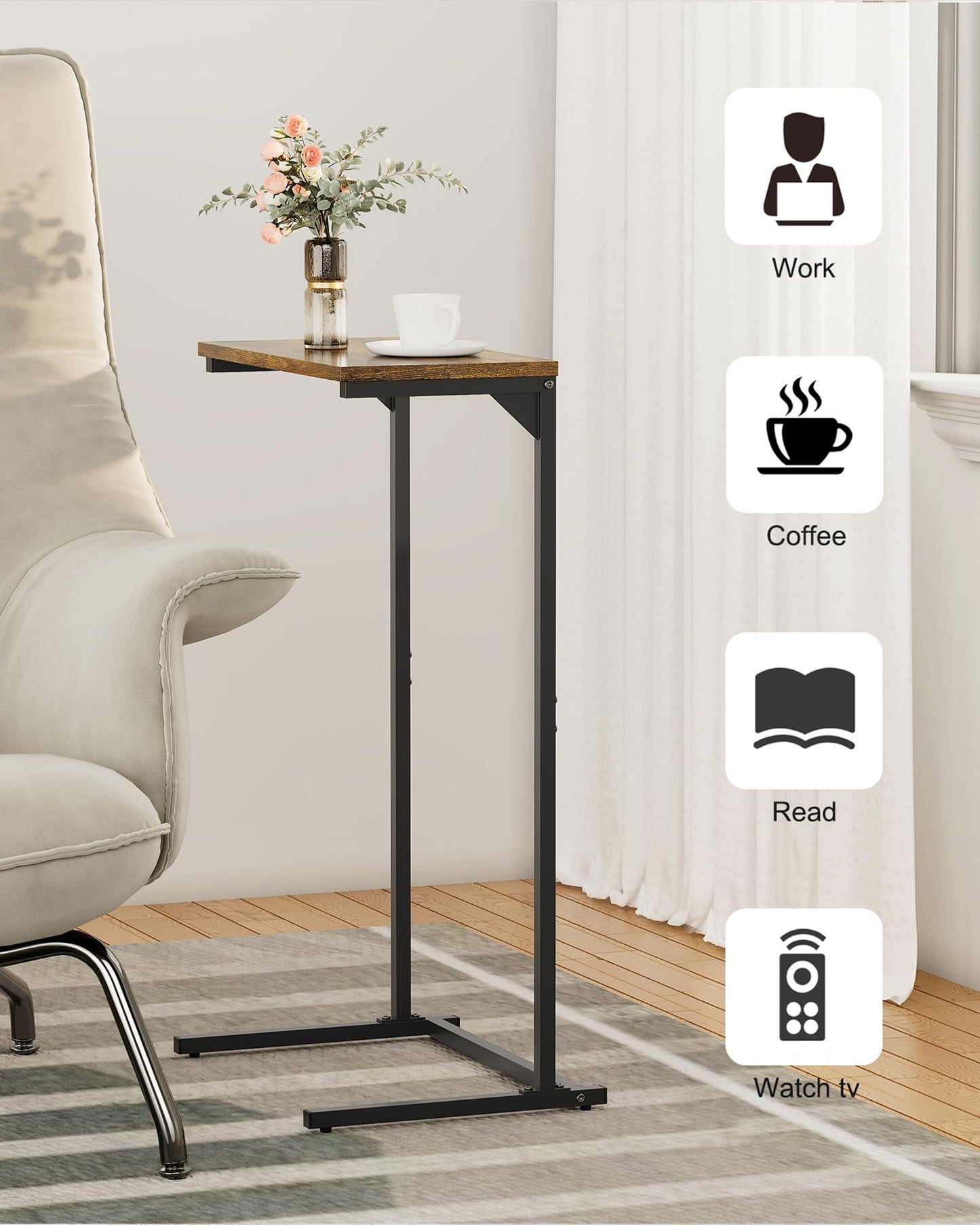 TUTOTAK C Shaped Side Table, Small End Table, 28.7 inch Tall Couch Table, Sofa Table, Living Room, Bed Room, Brown TB01BB071EU