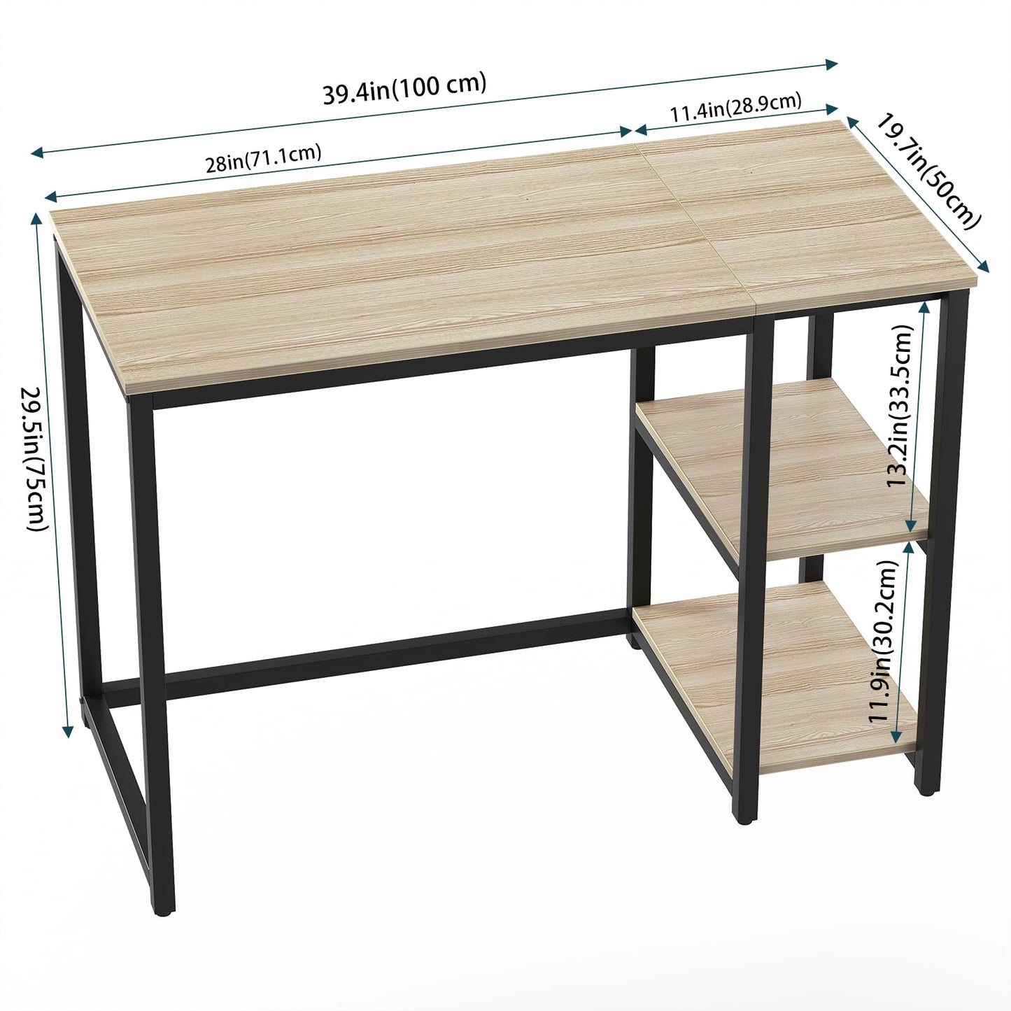 WOHOMO Computer Desk 100cm with 2-Tier Shelves Sturdy Home Office Desk with Large Storage Space Modern Gaming Desk Study Writing Laptop Table for