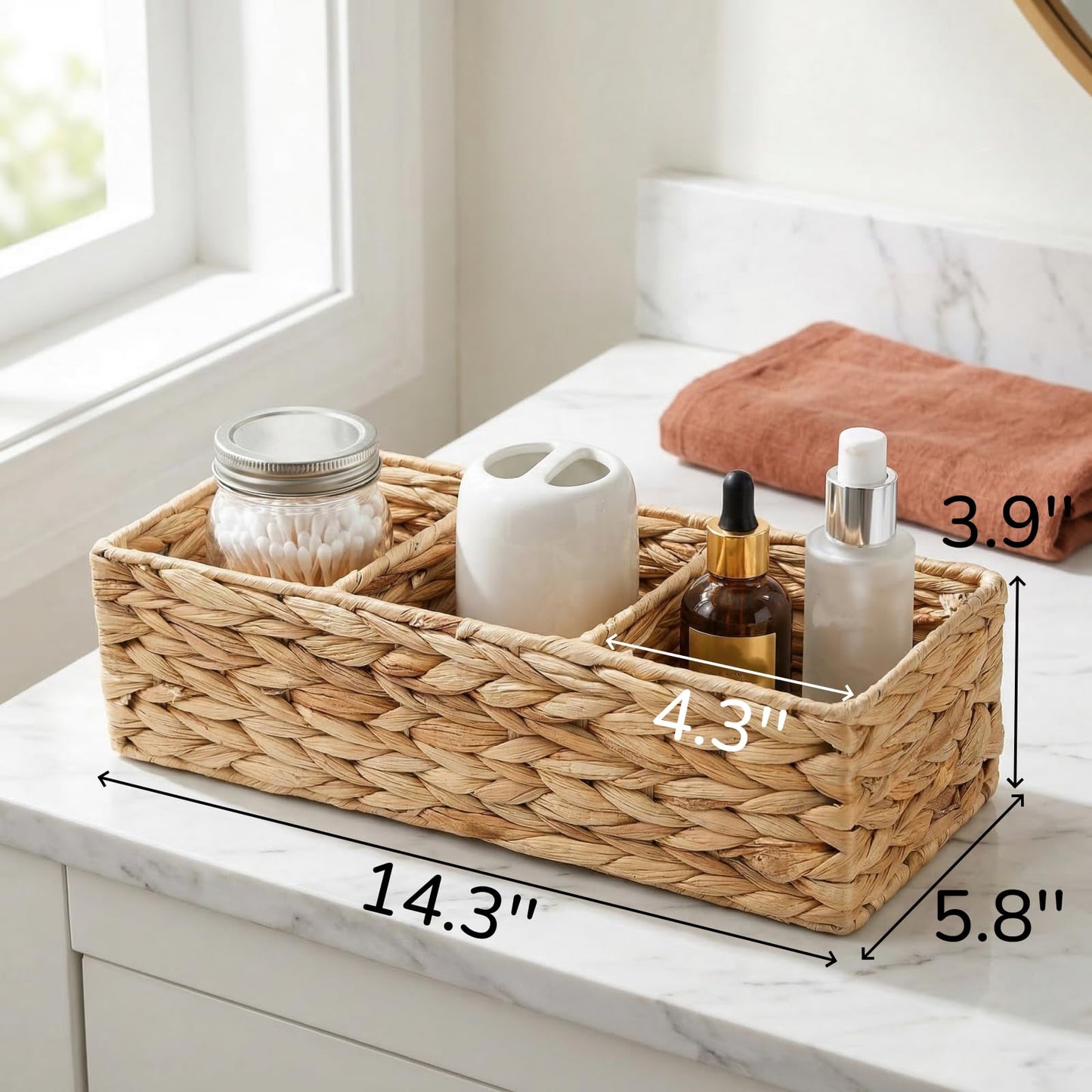 Pumtus 2 Pack 3-Section Wicker Baskets, Water Hyacinth Storage Bin, Handwoven Desk Organizer, Toilet Paper Container