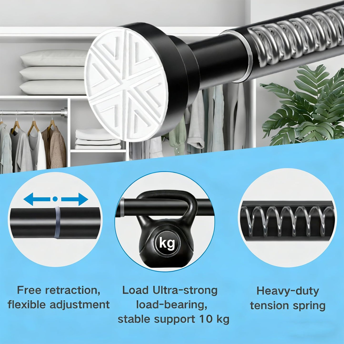 Shower Curtain Pole Extendable Tension Rods for Curtains Curtain Poles No Drilling Shower Curtain Rail Extendable Pole for Bathroom, Window, Door