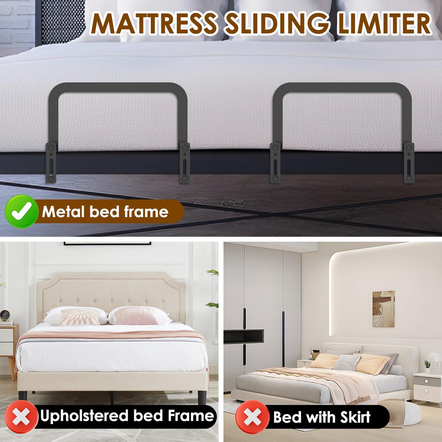 Dandelionsky 2Pcs Mattress Slide Stopper, Metal Mattess Retainer Bars Fixing Bracket