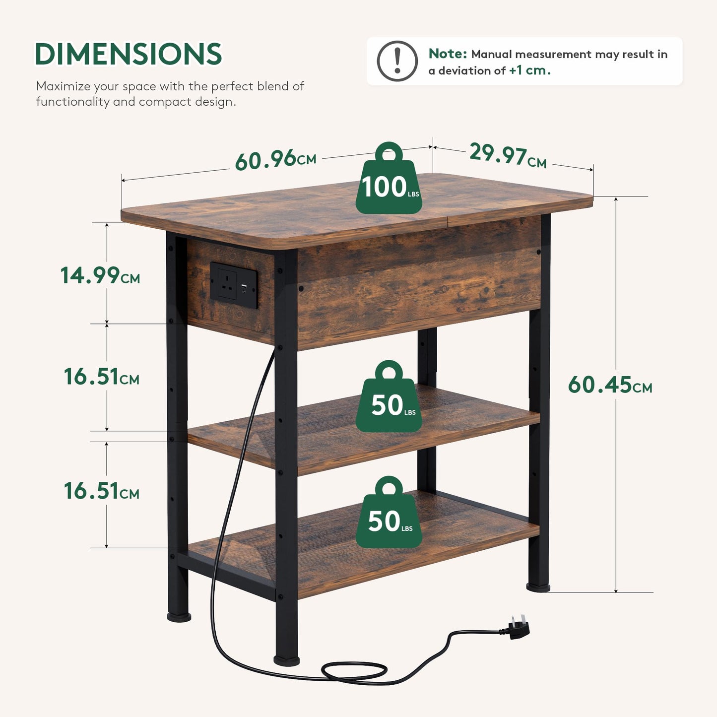 Side Table with Charging Station, Small Flip Top Narrow Sofa End Table