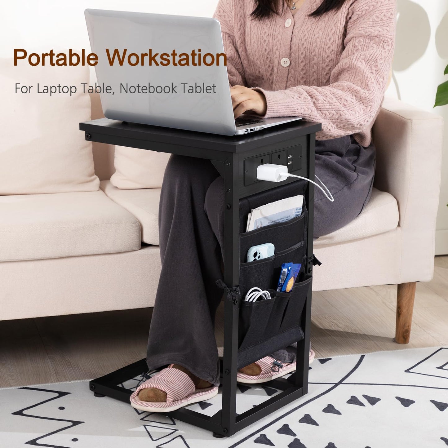AMHANCIBLE C-Shaped Side Table, Side Table with Charging Station