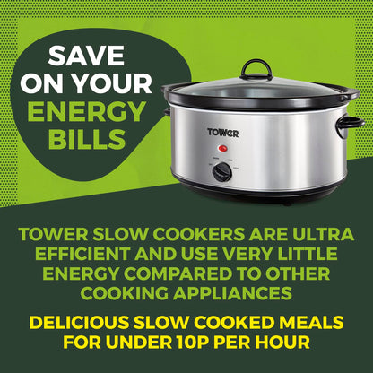 Tower T16040Y Slow Cooker with 3 Heat Settings and Removable Dishwasher Safe Crock Pot, 6.5 Litre, 300W, Stainless Steel