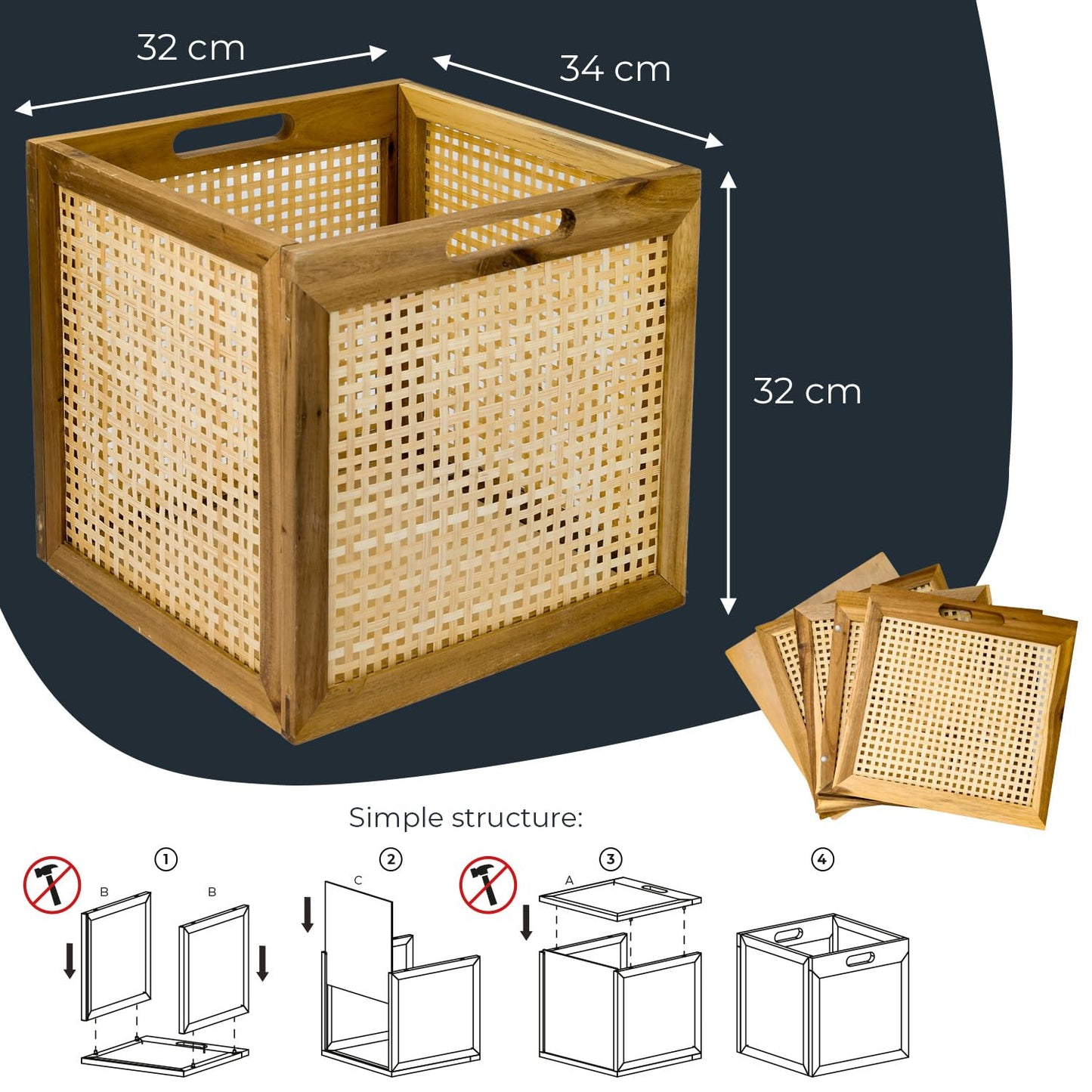 HMF Storage basket suitable for Kallax shelves, basket made of rattan with Viennese wicker and acacia wood, pattern 3, 32 x 34 x 32 cm