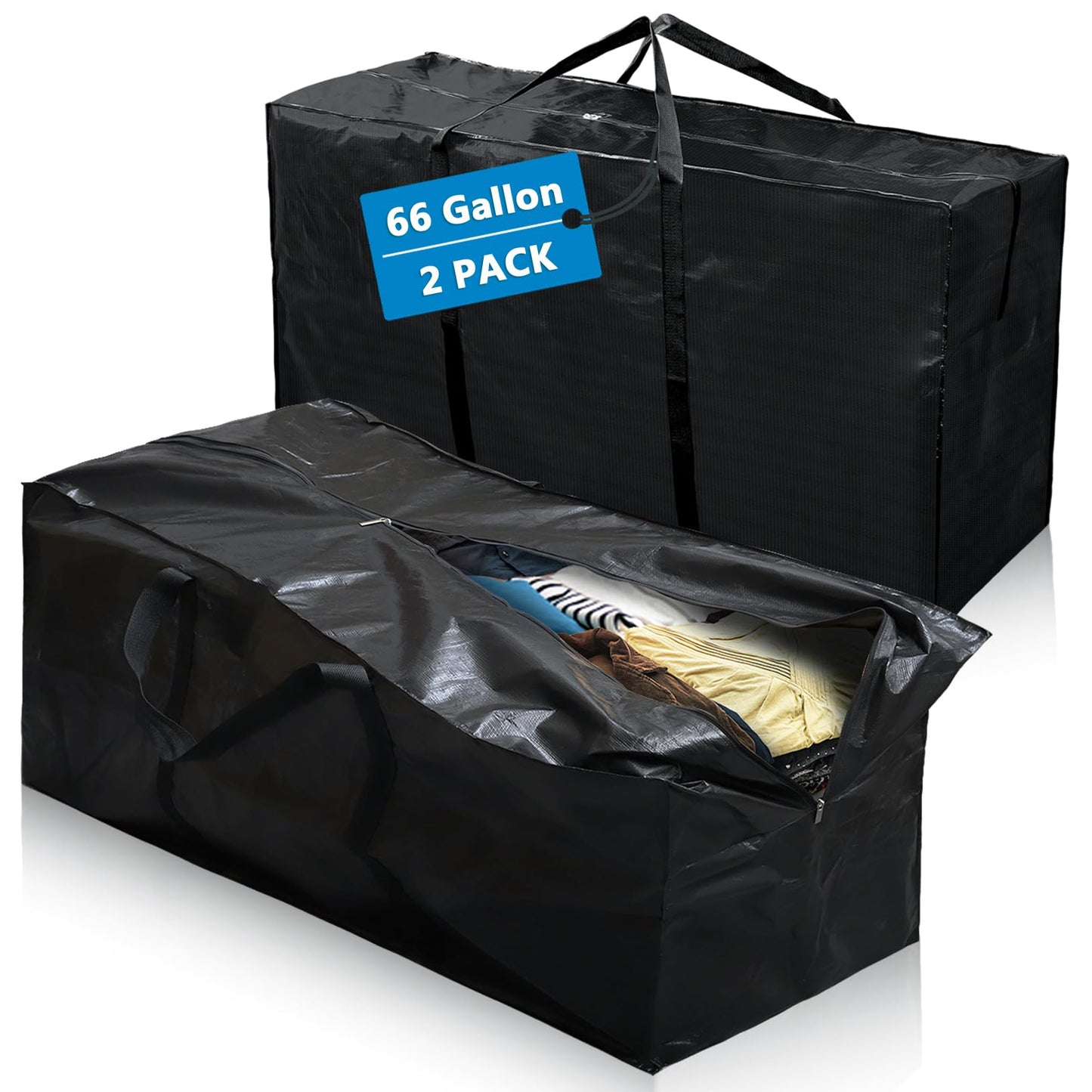 Elsjoy 2 Pack 250L/ 66Gallon Extra Large Moving Bags with Zippers & Handles, 45 x 16 x 22 Inch Black XXL Storage Bags Heavy Duty Over-Sized Storage
