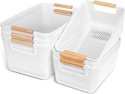 6 Packs Plastic Storage Baskets with Wood Handles, Cupboard Storage Boxes
