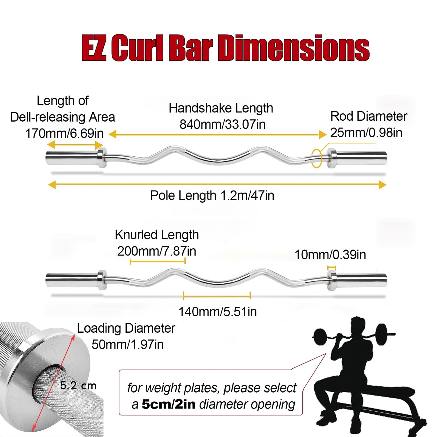 tonchean 47inches EZ Curl Bar Olympic Curl Bar for 2" Weight Plates EZ Bar Weight Lifting Bar Solid Chrome Tricep Bar Straight Training Bar with 2