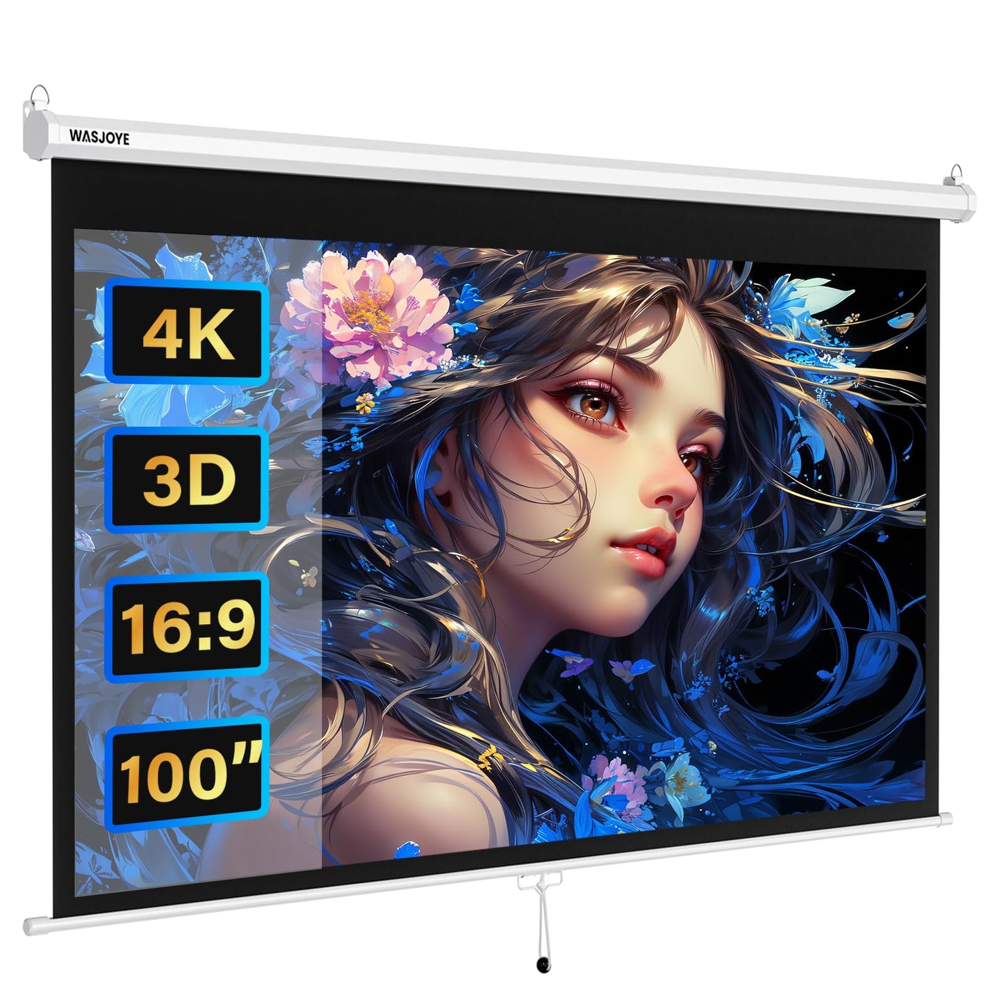 WASJOYE Manual Pull-Down Projector Screen - 100-inch Roll-Down Retractable Manual Projection Screen w/Auto-Locking, Adjustable Screen Height, Black