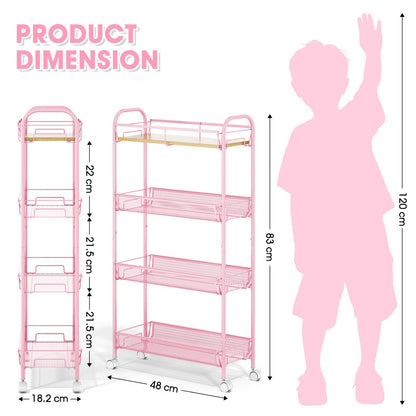 KINGRACK 4-Tier Slim Rolling Cart, Metal Storage Cart with Wooden Tabletop and Mesh Baskets for Narrow Space on Kitchen Bathroom Laundry Room Bedroom
