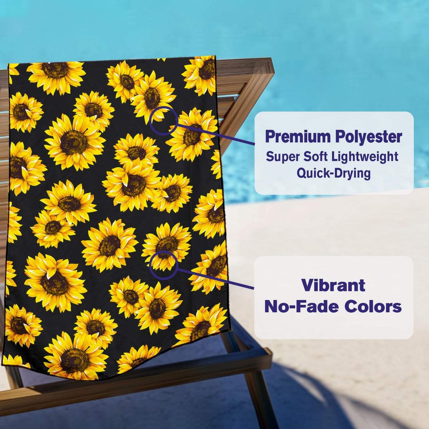 Violetpos Sunflower Print Beach Towel, Extra Large 180x90 cm 250GSM Microfibre, Sand Free Quick Dry