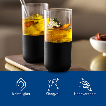 Villeroy & Boch  Manufacture Rock Long Drink Glass Set, 4 pces, Crystal Glass with matt Black Base, Capacity 300 ml