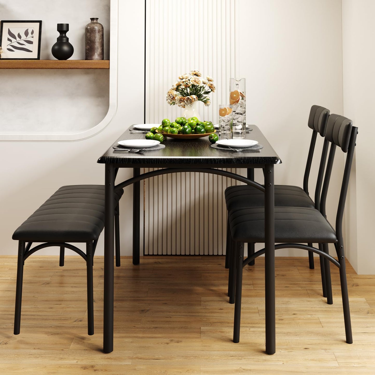 Crevyteg Space-Saving 4-Piece Dining Table Set Modern Industrial Kitchen Table with 2 Chairs and Bench for 4 Seater Dining Room Small Spaces