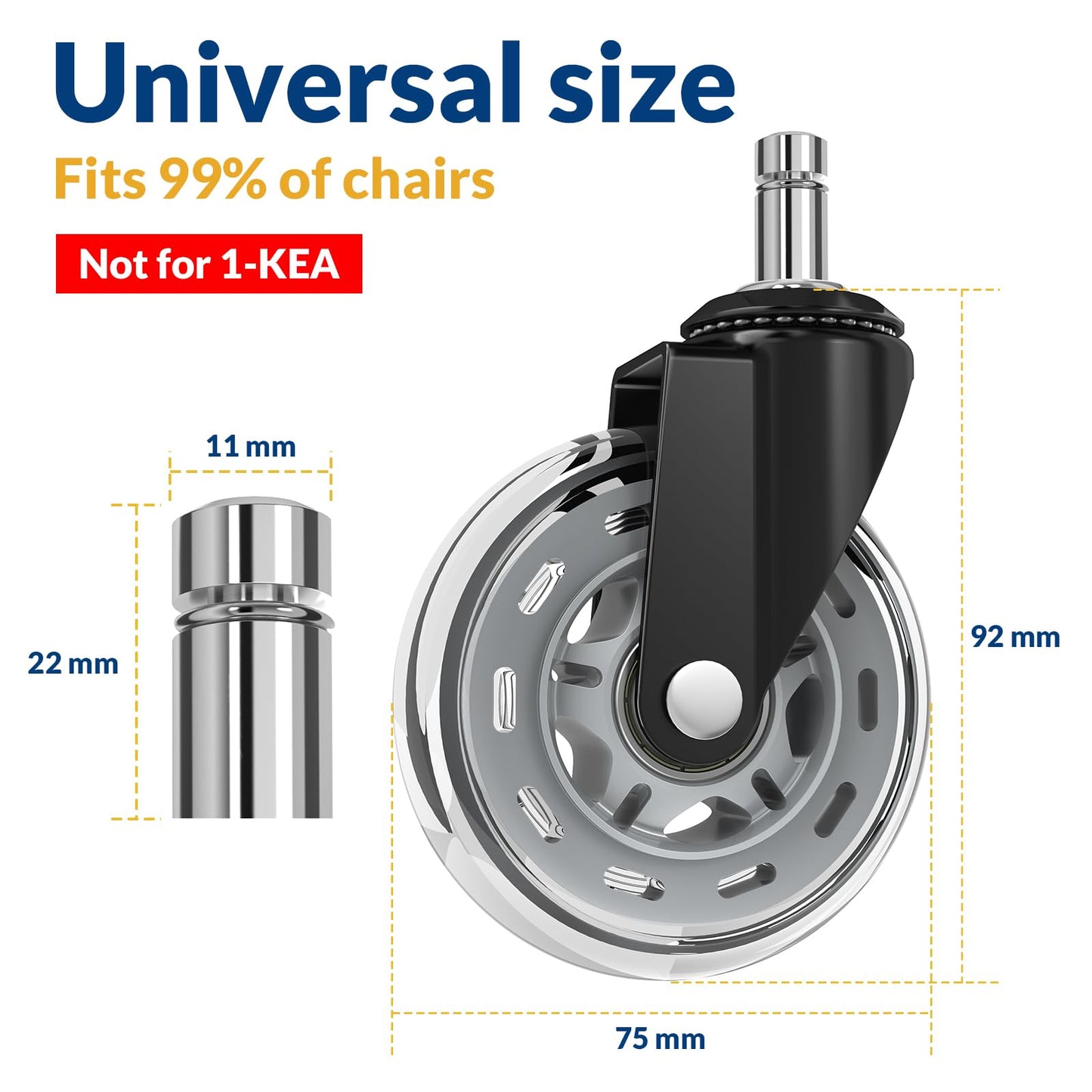 COSYLAND Office Chair Casters 11 mm x 22 mm - Set of 5 Casters for Office Chairs - Super Quiet and Soft for Hard Floors, Parquet, Carpet, Laminate
