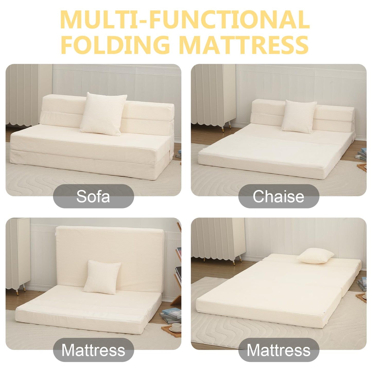 MeMoreCool Folding Mattress Double, Corduroy Fold Out Sofa Bed, Grey