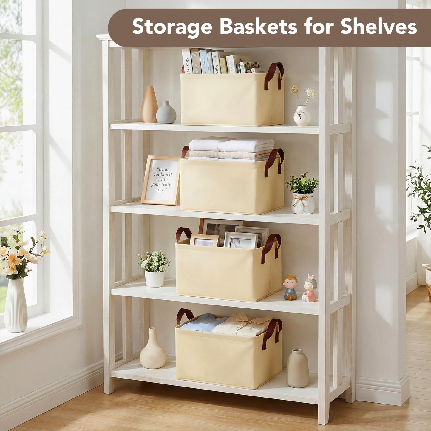4 Pack Storage Baskets for Shelf, Small Closet Organizers and Storage Beige