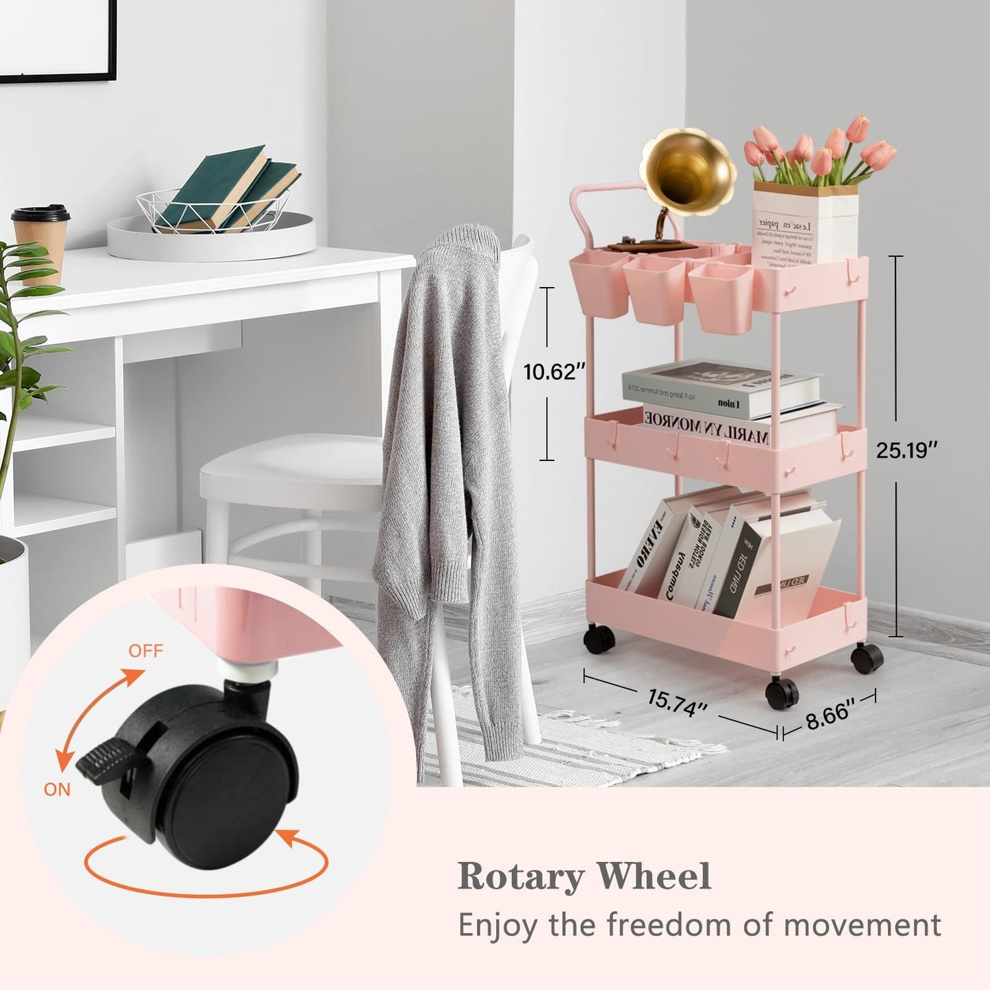 danpinera 3-Tier storage trolley, storage trolley on wheels, beauty trolley with Dividers & Hooks & Hanging Cups, kitchen trolley