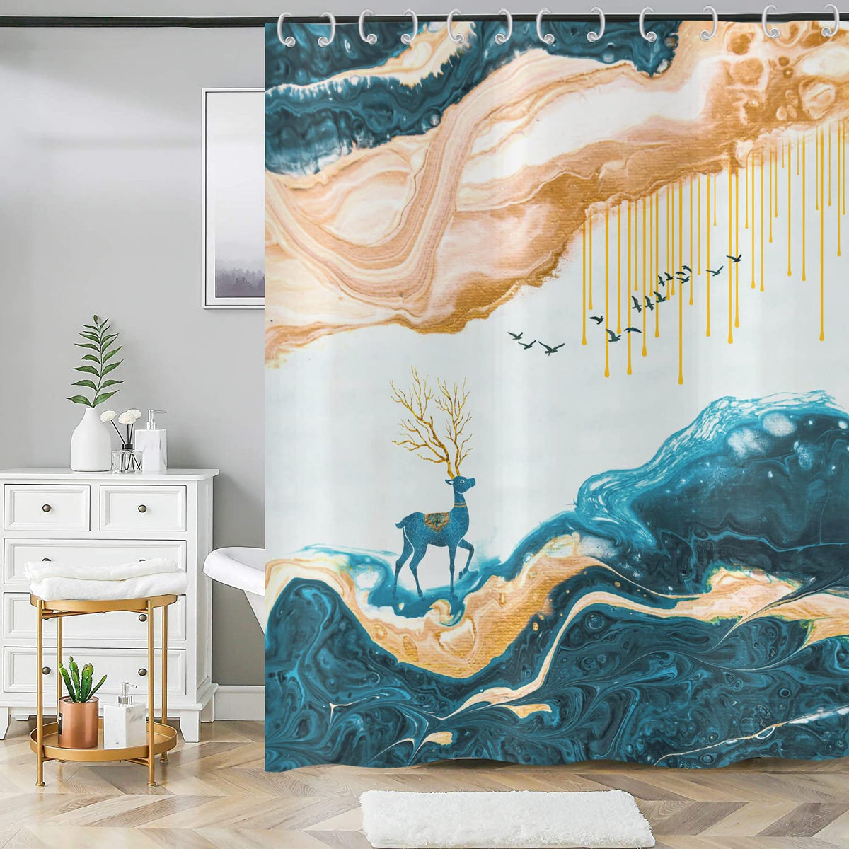 ASDCXZ Shower Curtain Marble 180x180 cm, Modern Abstract Orange Cyan Deer Marble Optic Texture Washable Fabric Shower Curtains Polyester Textile