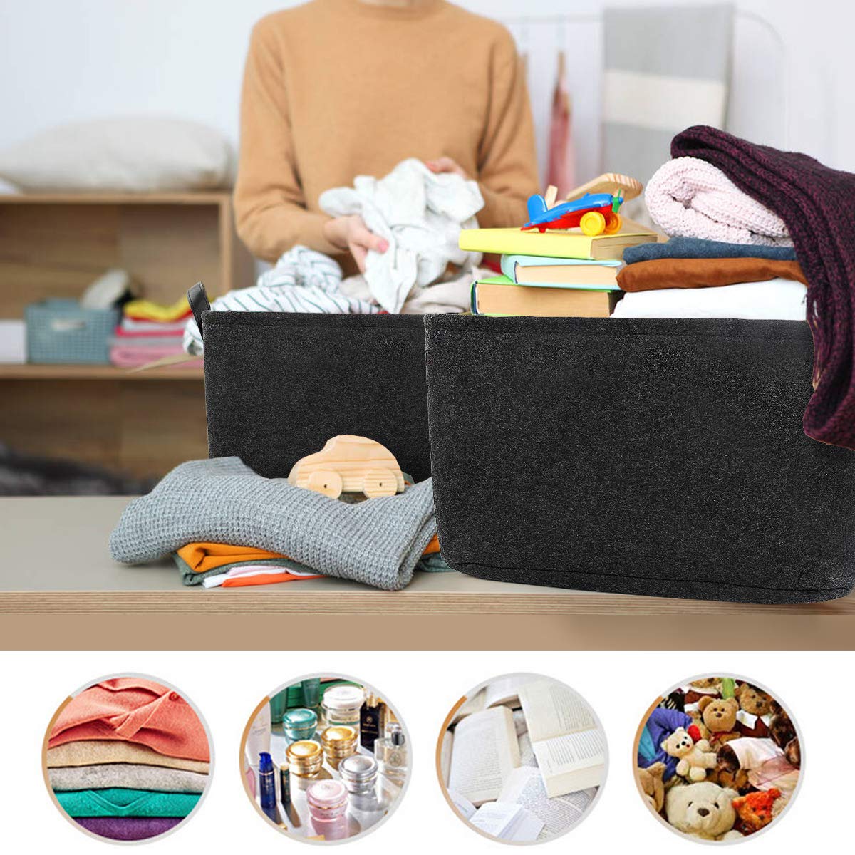 Discoball Large Felt Storage Basket Open Fabric Bins Foldable Organizer Box with Handles for Closet, Clothing, Toys, Books, Office Products