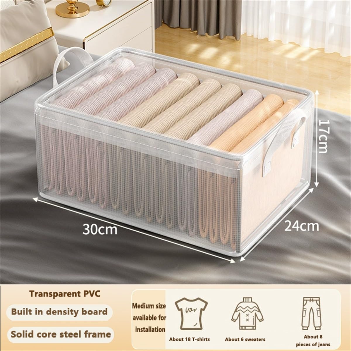 wintfarm 3pcs wardrobe storage organiser,clear foldable storage boxes with Steel Frame,wardrobe storage organiser with lid,storage cubes for jeans