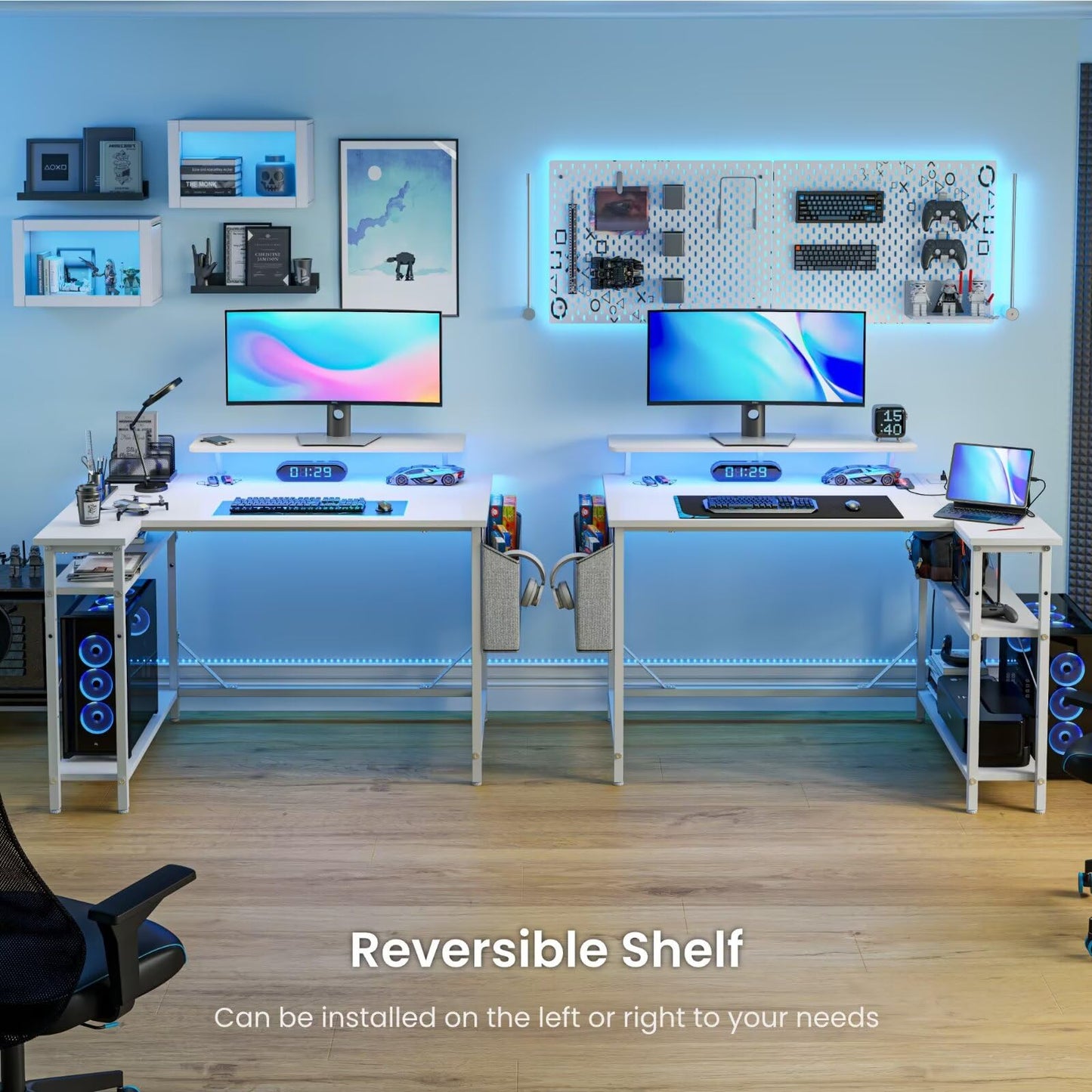 DOMSHOCT L Shaped Gaming Desk with LED Lights & Power Outlets, 100 * 80cm Small Corner Computer Table with Storage Bag & Adjustable Shelves & Large