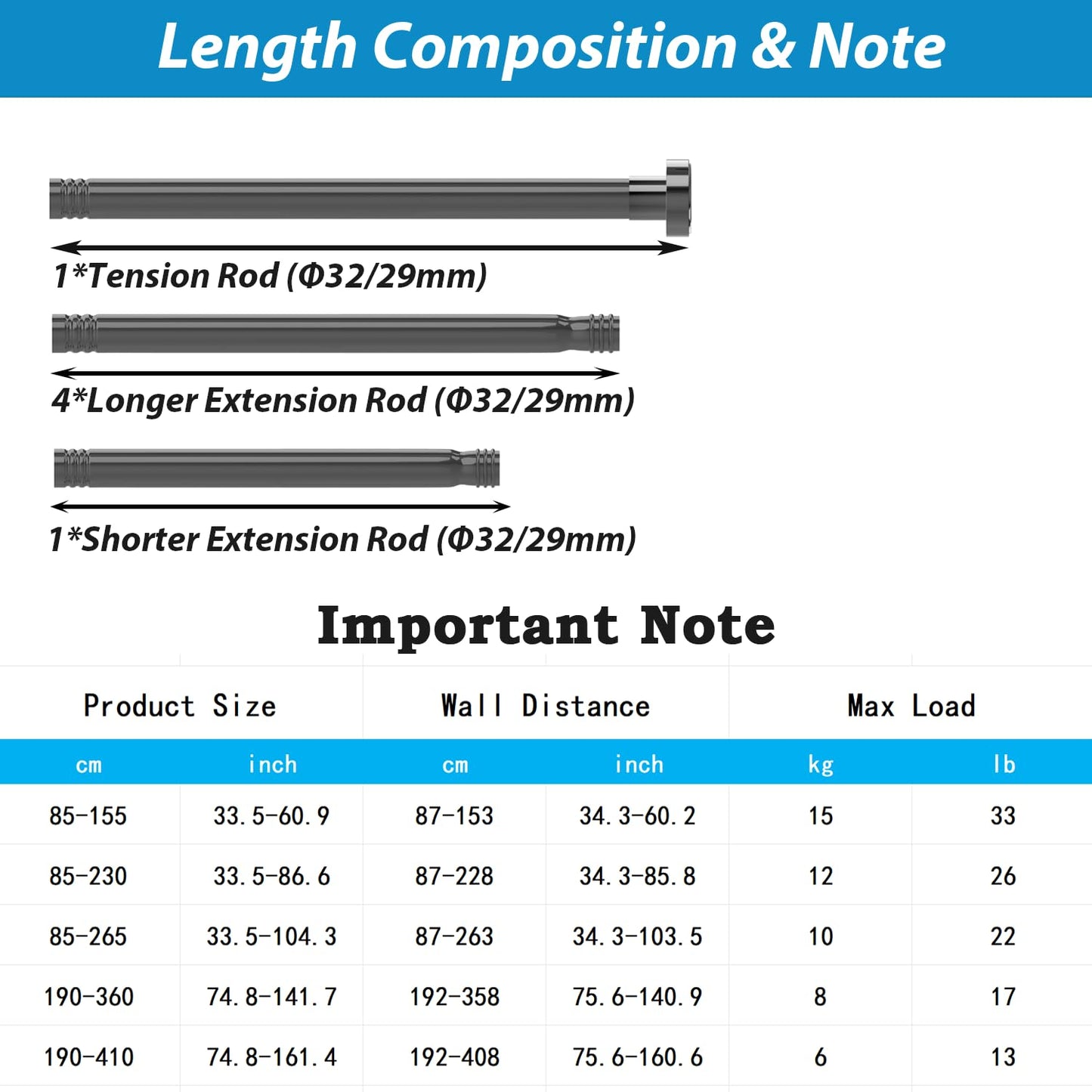 Shower Curtain Pole Extendable Tension Rod No Drill Curtain Pole Shower Curtain Rail Extendable Pole for Bathroom, Window, Door, Closet