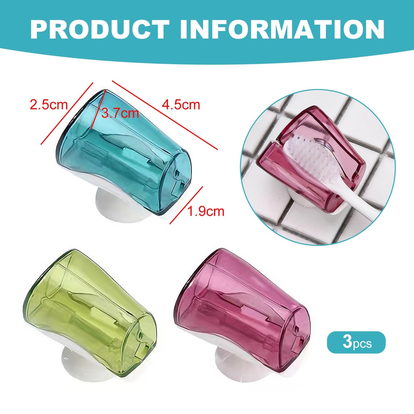 3 Pack Toothbrush Head Covers with Suction Cup, Food-Safe PC Dustproof Toothbrush Protector Caps, Wall Mounted & Portable for Bathroom, Travel