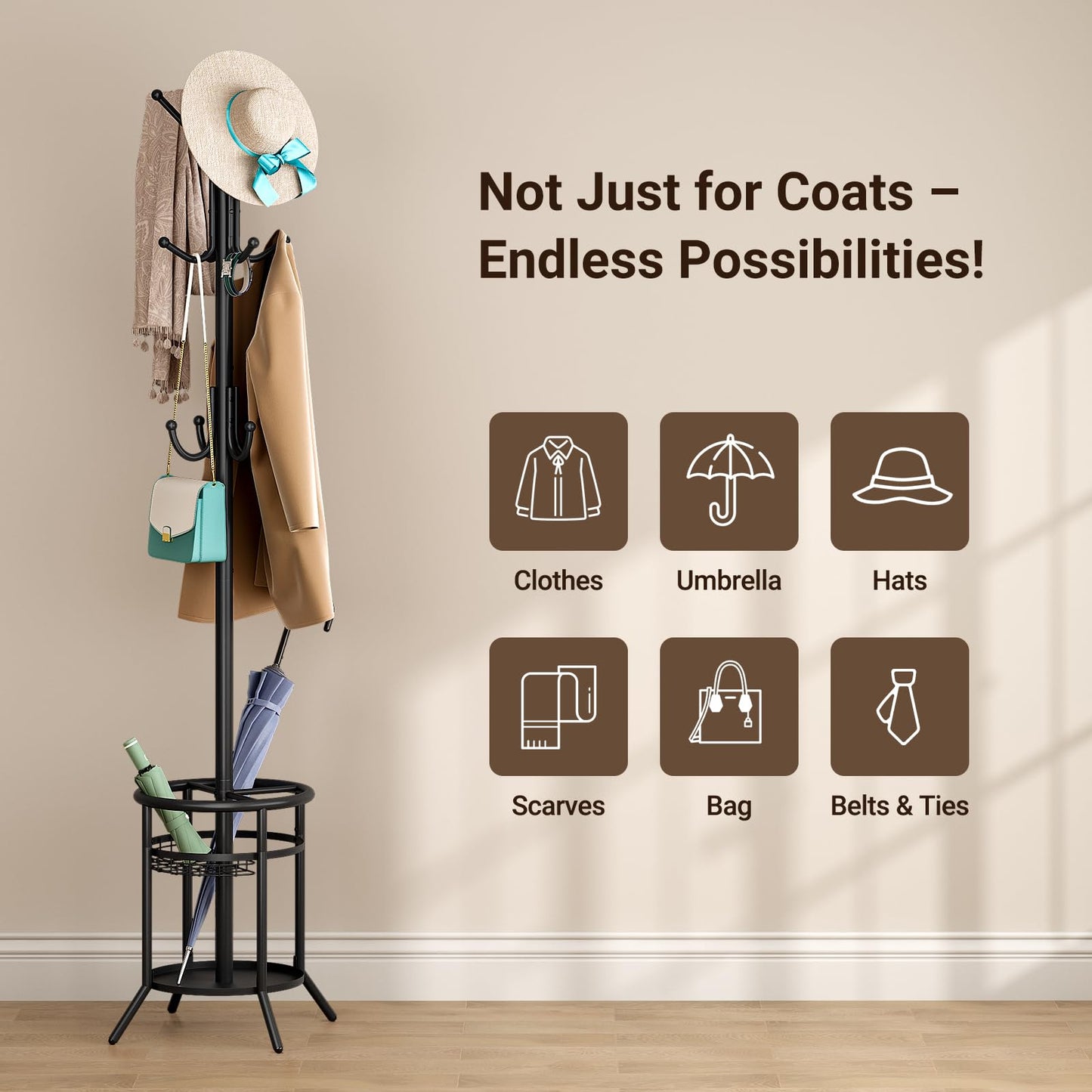 ELYKEN Metal Coat Stand with Umbrella Holder Vintage for Office Black