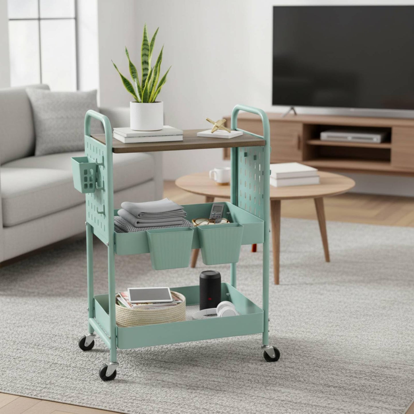 danpinera 3 Tier Rolling Cart, Metal Utility Cart with Wooden Table Top & DIY Pegboard, Rolling Carts