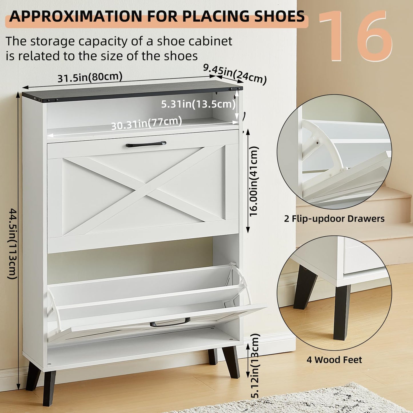 LELELINKY Hidden Slim Narrow Shoe Storage with 2 Flip Drawers, White
