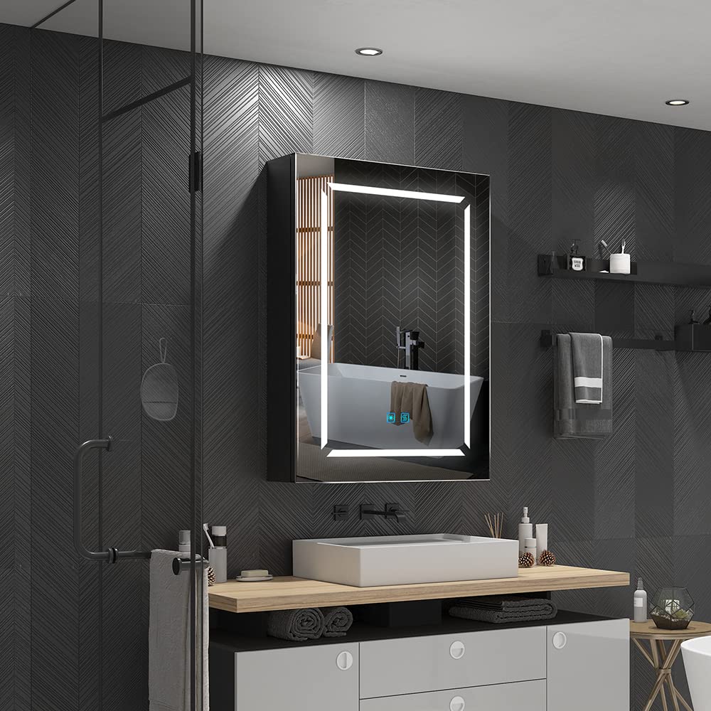 Quavikey® Black Bathroom Mirror Cabinets with Shaver Socket and Light, 50x70 cm LED Illuminated Bathroom Wall Cabinet with Mirror, Anti Fog