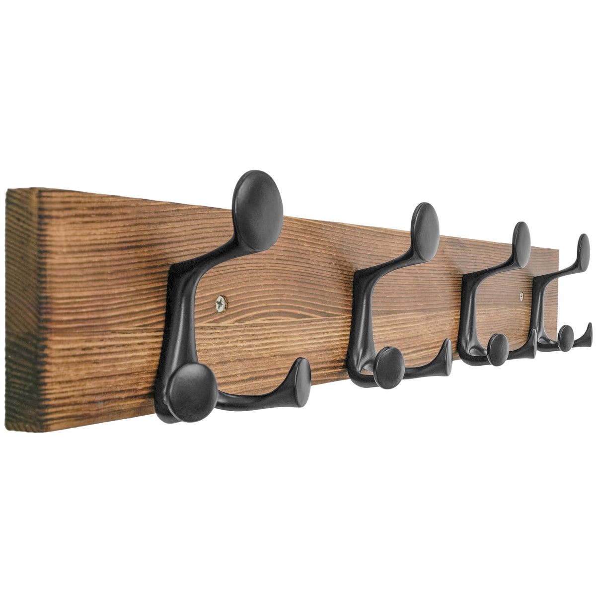 HONSKY Wall Mounted Coat Rack, 61cm Brown Pine Wood Base, 4 Black Sturdy Aluminium Alloy Triple Hooks12 Hanging Points