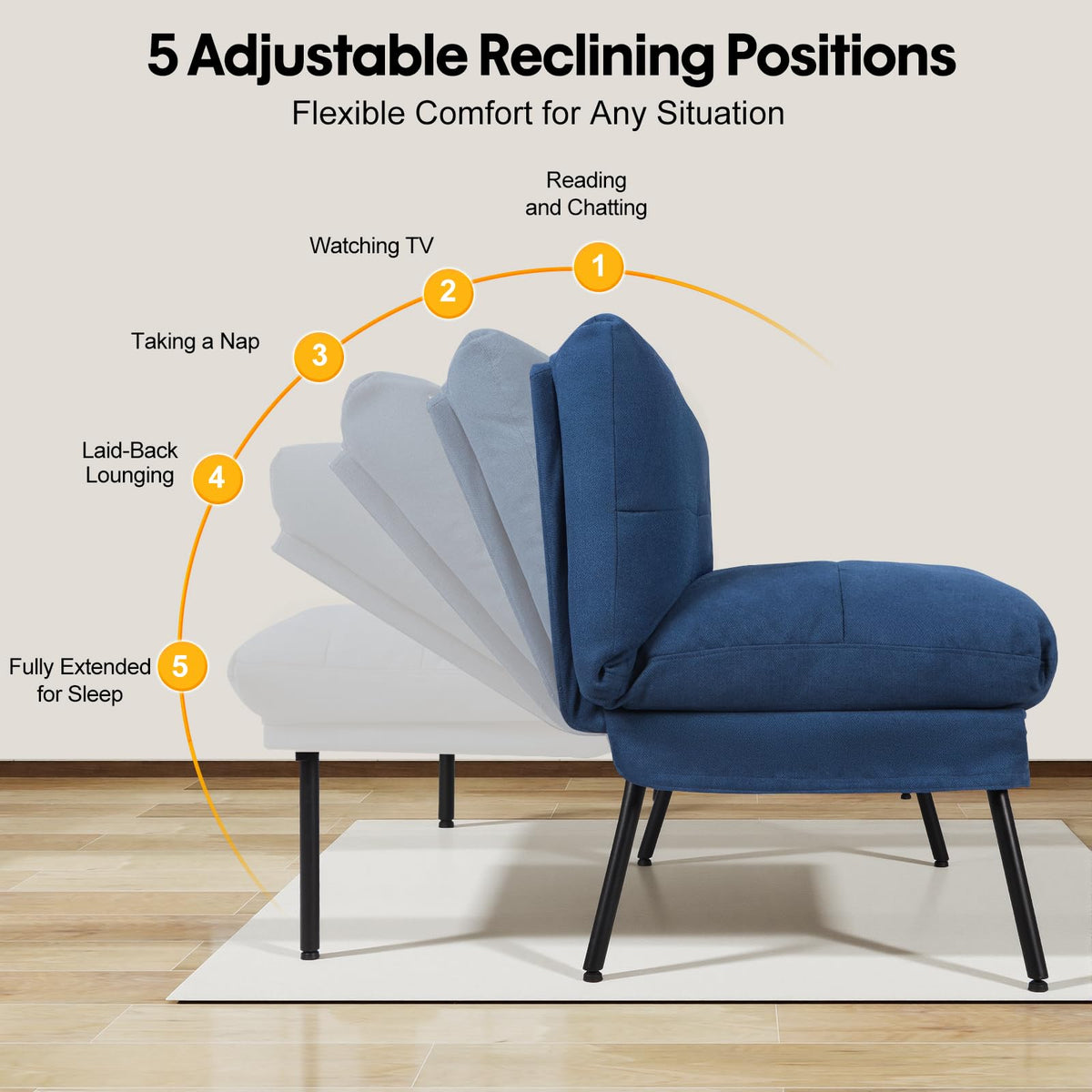 Panana Fabric 3 Seater Sofa Bed, 5-Gear Back Angle Adjustable Futon Sofa for Living Room/Guest Room Blue