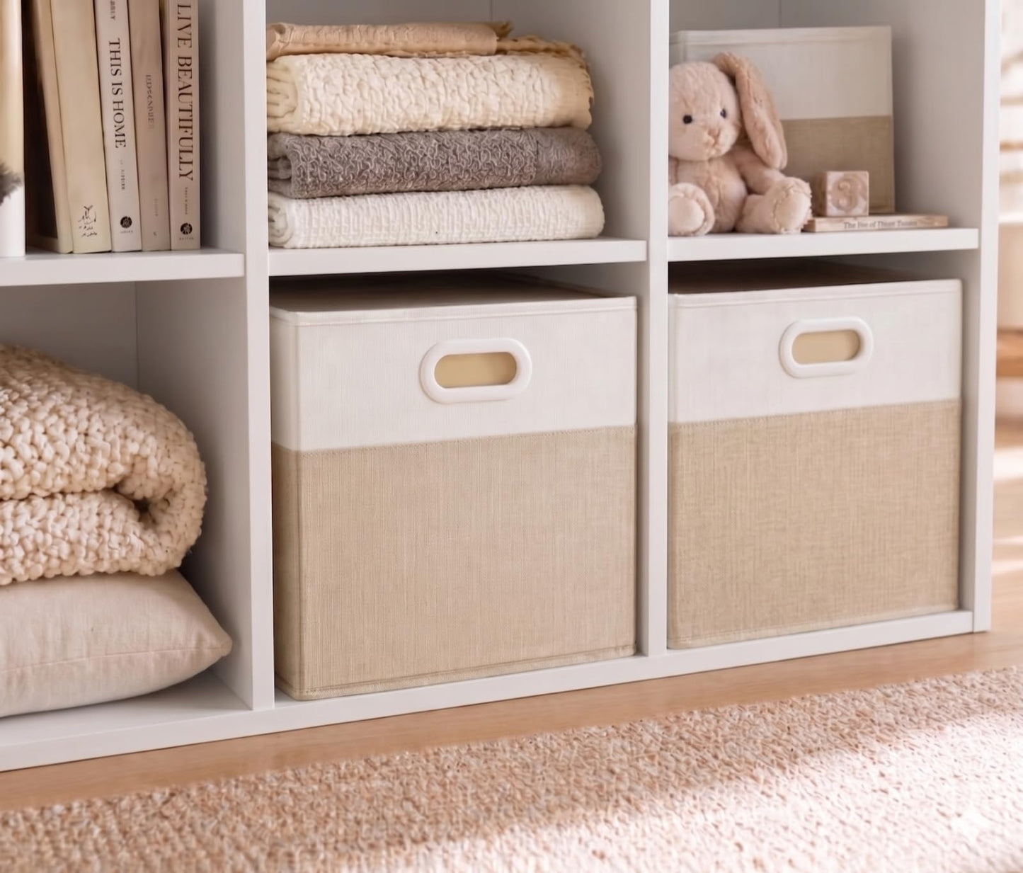 SOCOHOME Fabric Storage Boxes,25x25x25cm Storage Cube, Foldable Storage Baskets for Toys Nursery Closet(Light Khaki/Cream White, 1 Pack)