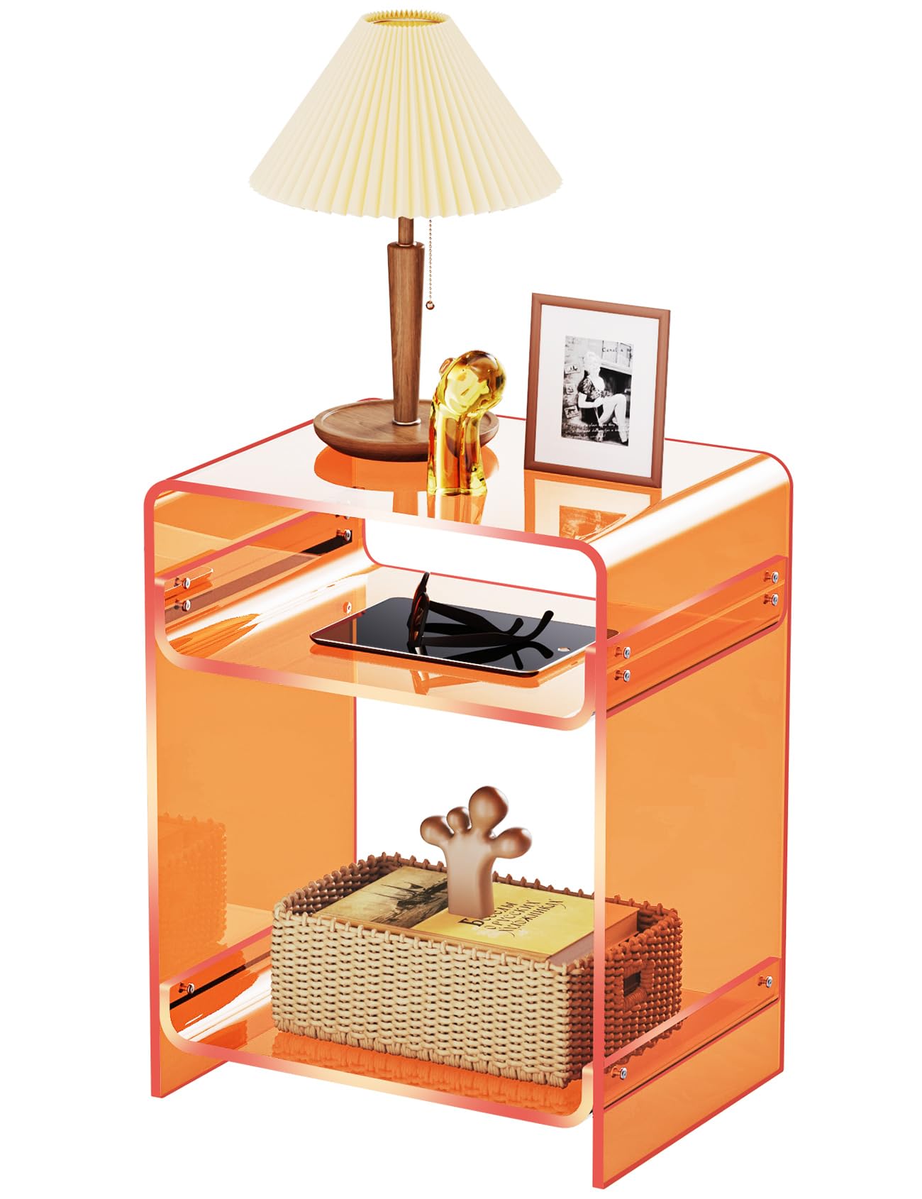 Acrylic End Table with Storage Shelf, Clear Side Table, Record Player Table, Nightstand, 15.7x19.7x11.8 (Orange, 40×30×50 cm)