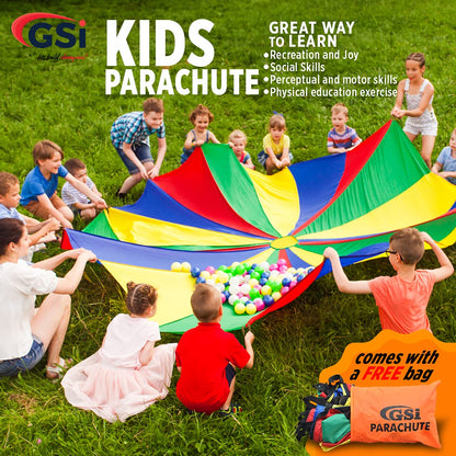 GSi Kids Play Parachute Rainbow Parachute Toy Tent Game for Children Gymnastic Cooperative Play and Outdoor Playground Activities (20 Feet)