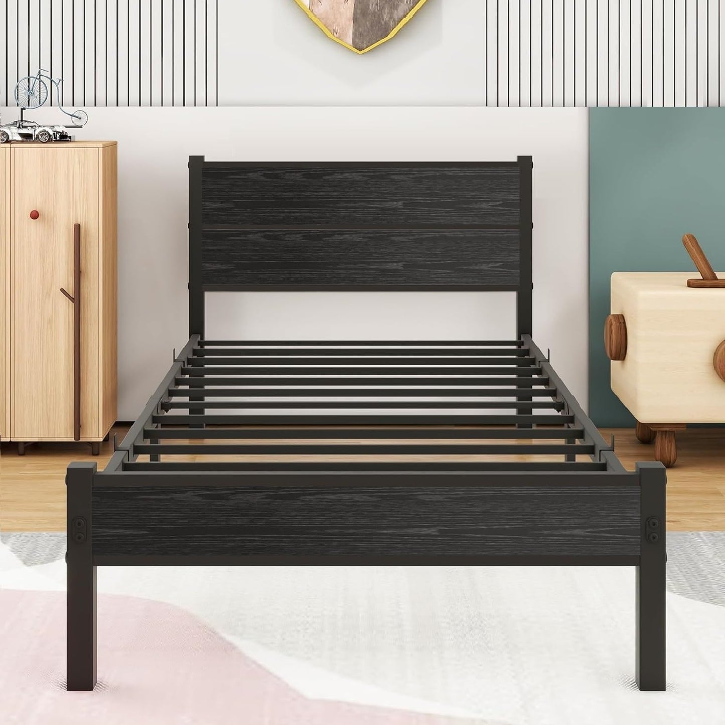 DUMEE Single Bed Frame with Wooden Headboard and Footboard, Metal 3ft Wooden Bed Frame Under Bed Storage, Enhanced Support Noise Free, Black