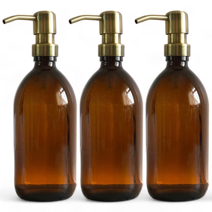Amber Glass Bottles 500ml Soap Dispenser with Metal Pump BPA-Free Brown Glass Empty Soap Dispensers – Reusable Refillable Eco friendly