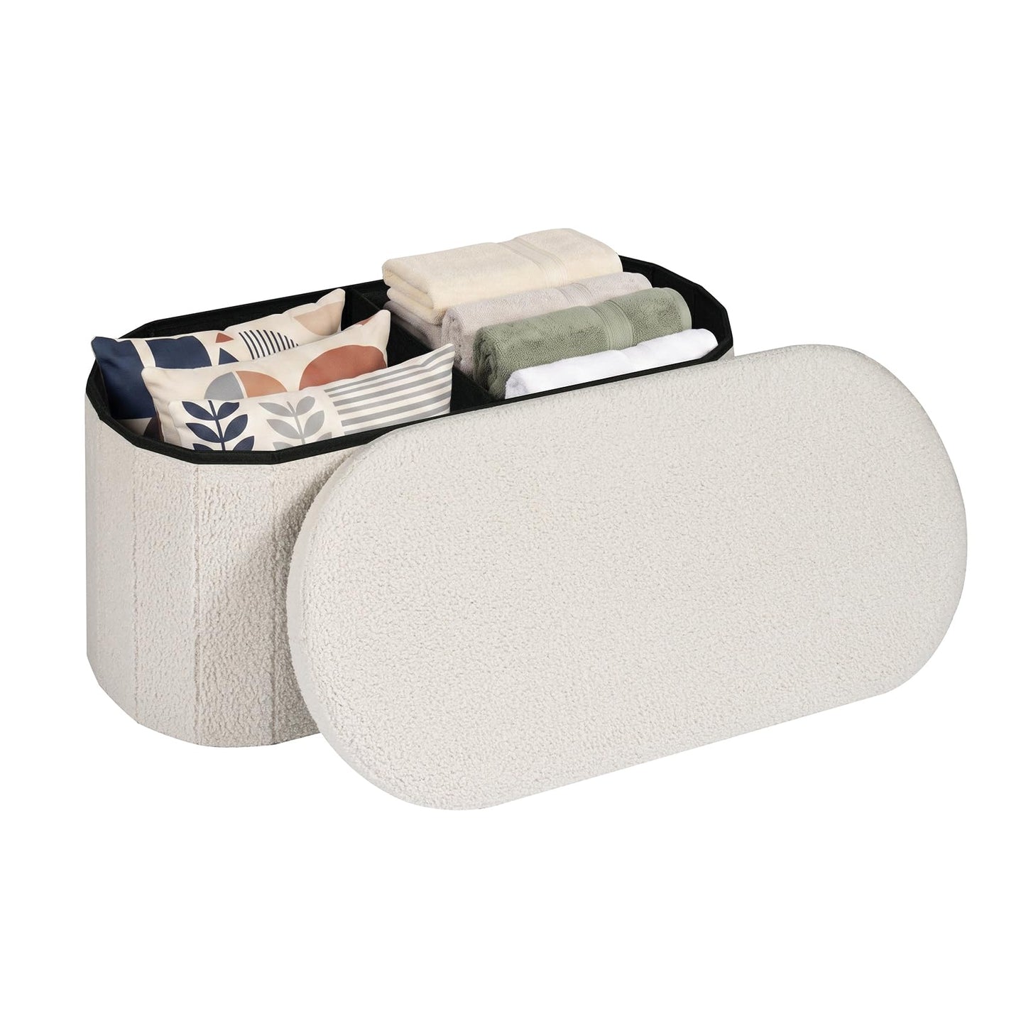 PINPLUS Oval Storage Bench Folding Ottoman Boucle Cream White, 76x38x38 cm