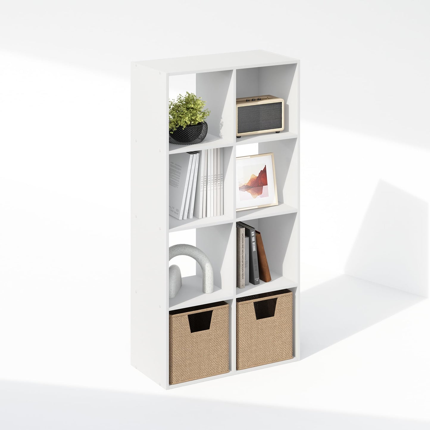 Furinno PELLI Book Shelf, 8-Cube Bookshelf, Horizontal Cube Storage Organizer Bookcase, 11.7 x 23.7 x 47, for Living Room, Bedroom, Home Office, White
