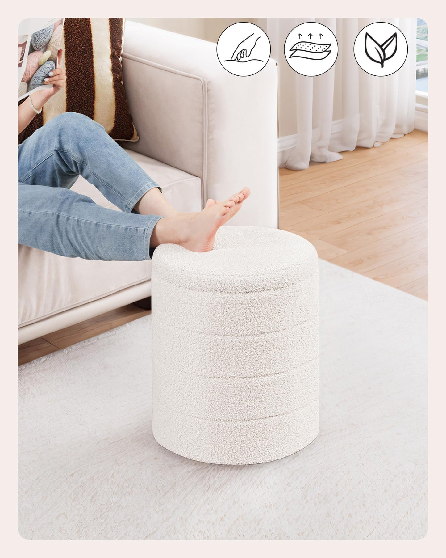 PINPLUS Round Ottoman Storage, Convertible Table, Cream White, 37x37x45 cm