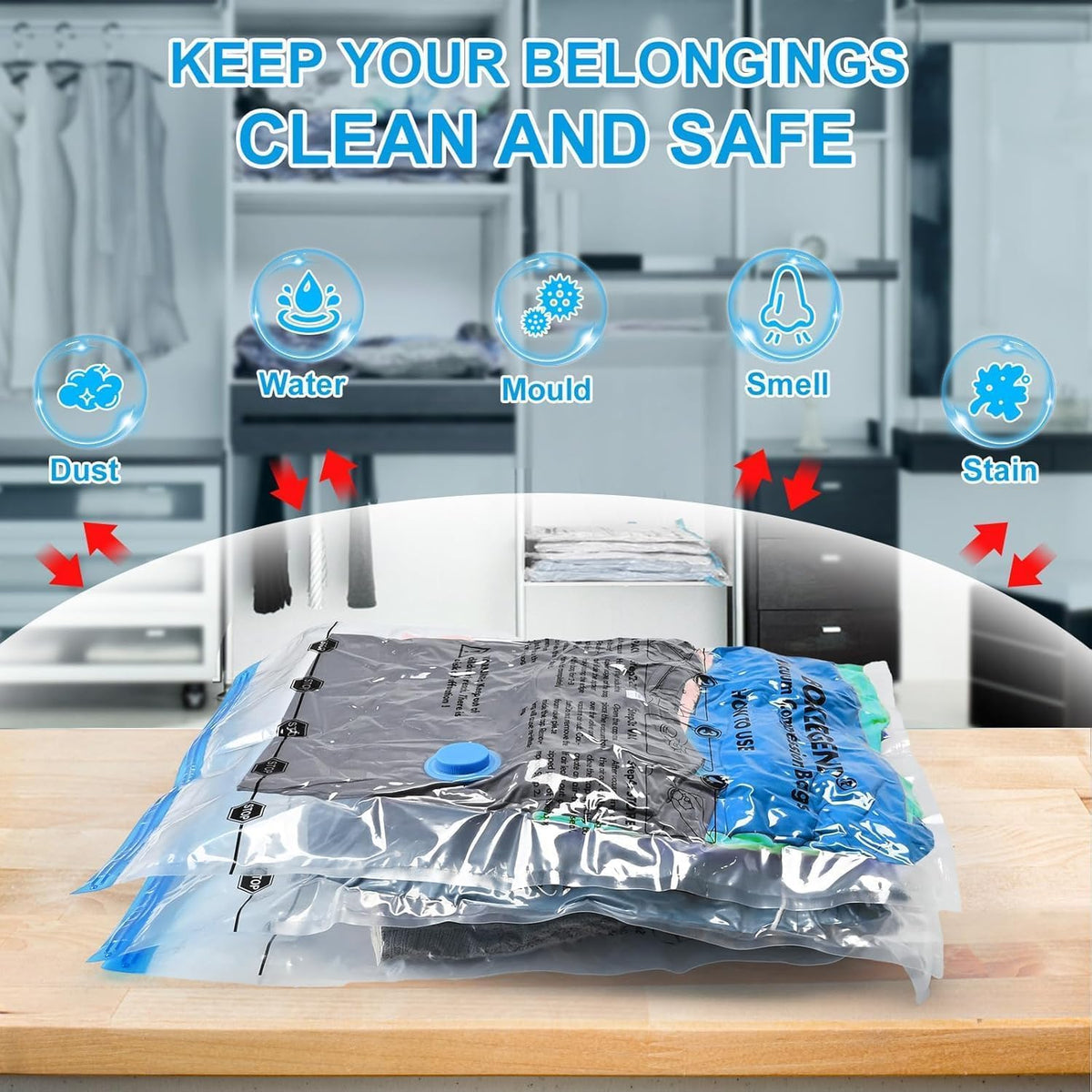 BoxLegend Vacuum Storage Bags 6 Packs Space Saving Vacuum Pack Storage Bags 3 Large 80x60cm+3 Medium 70x50cm Double Zip Seal & Leak Valve Reusable