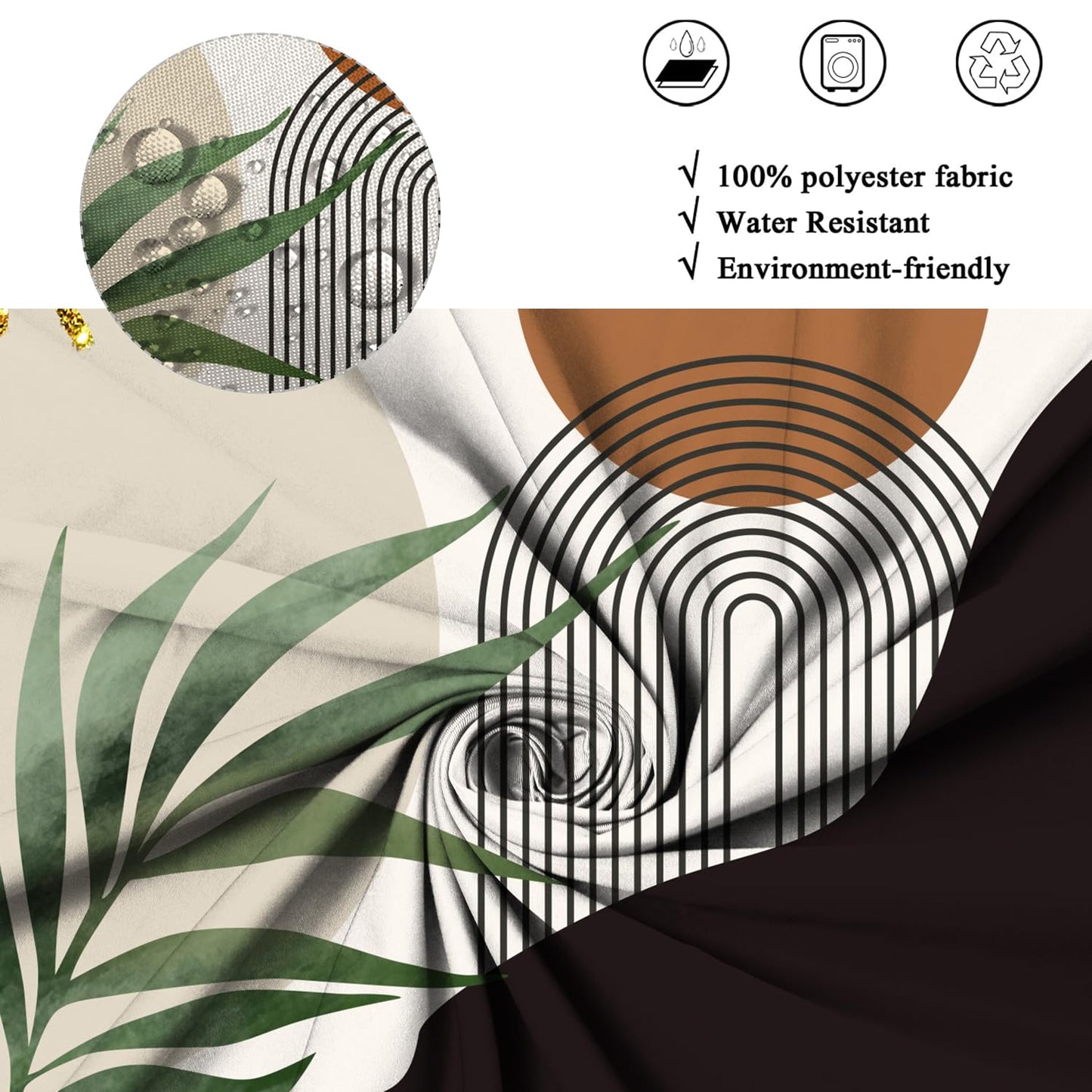 ASDCXZ Boho Shower Curtain 180x200 cm, Modern Abstract Boho Style Green Leaves Brown Sun Grey Black Bath Washable Shower Curtains Polyester Textile