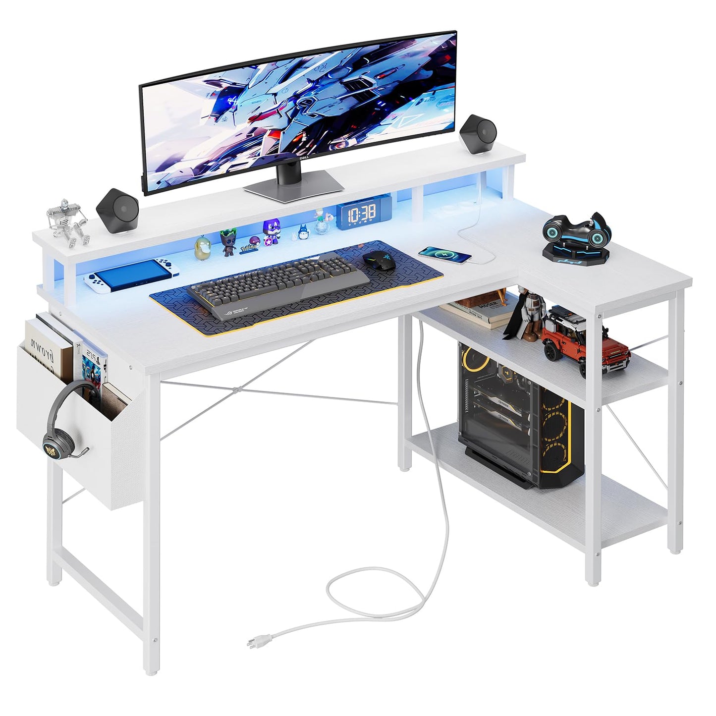Grandder L Shaped Desk with LED Lights & Power Outlets, 100 cm Gaming Desk with 2 Shelves, Computer Table with Monitor Stand, Home Office, White