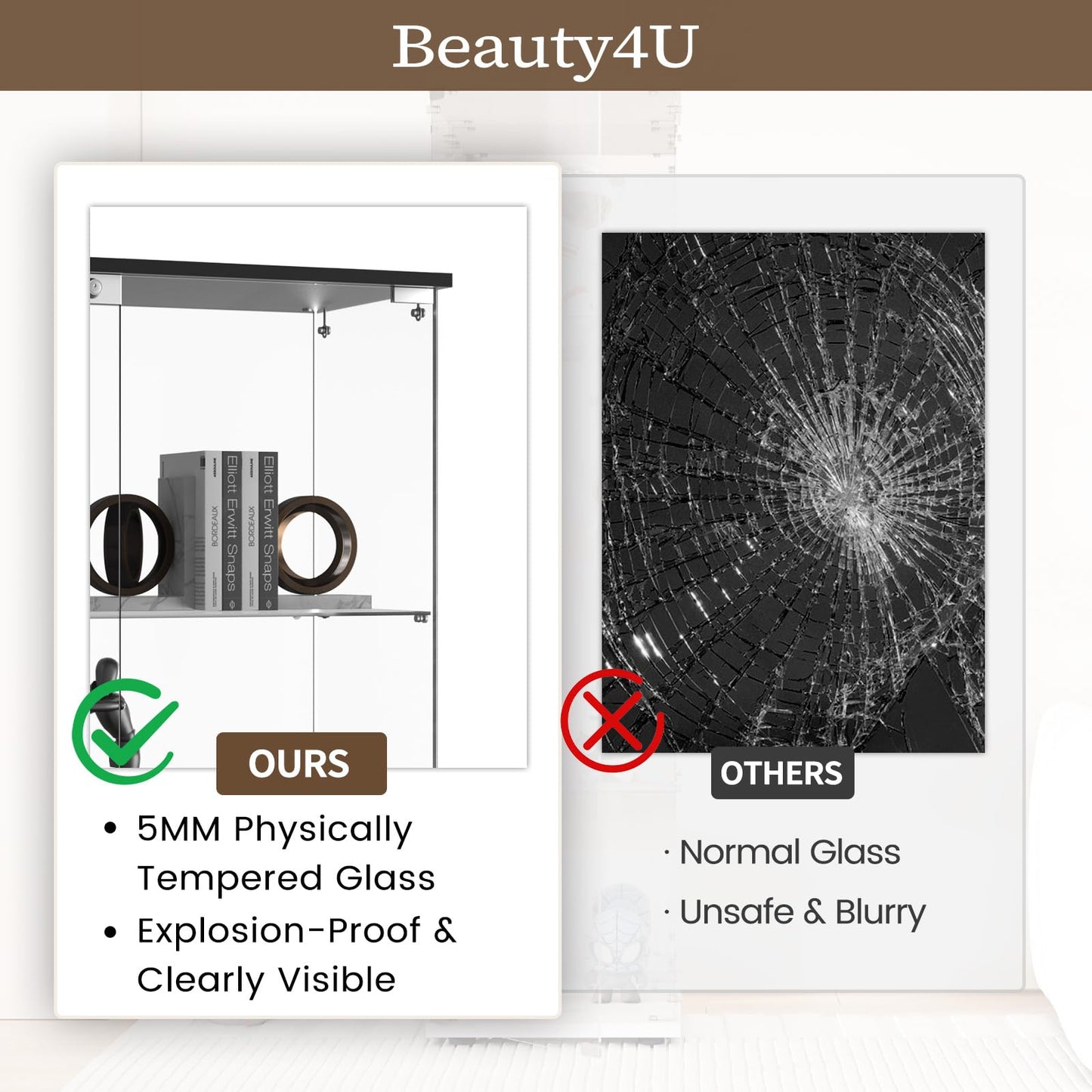 Beauty4U 2-Shelf Double Door Glass Display Cabinet, 83cm Tall, Black