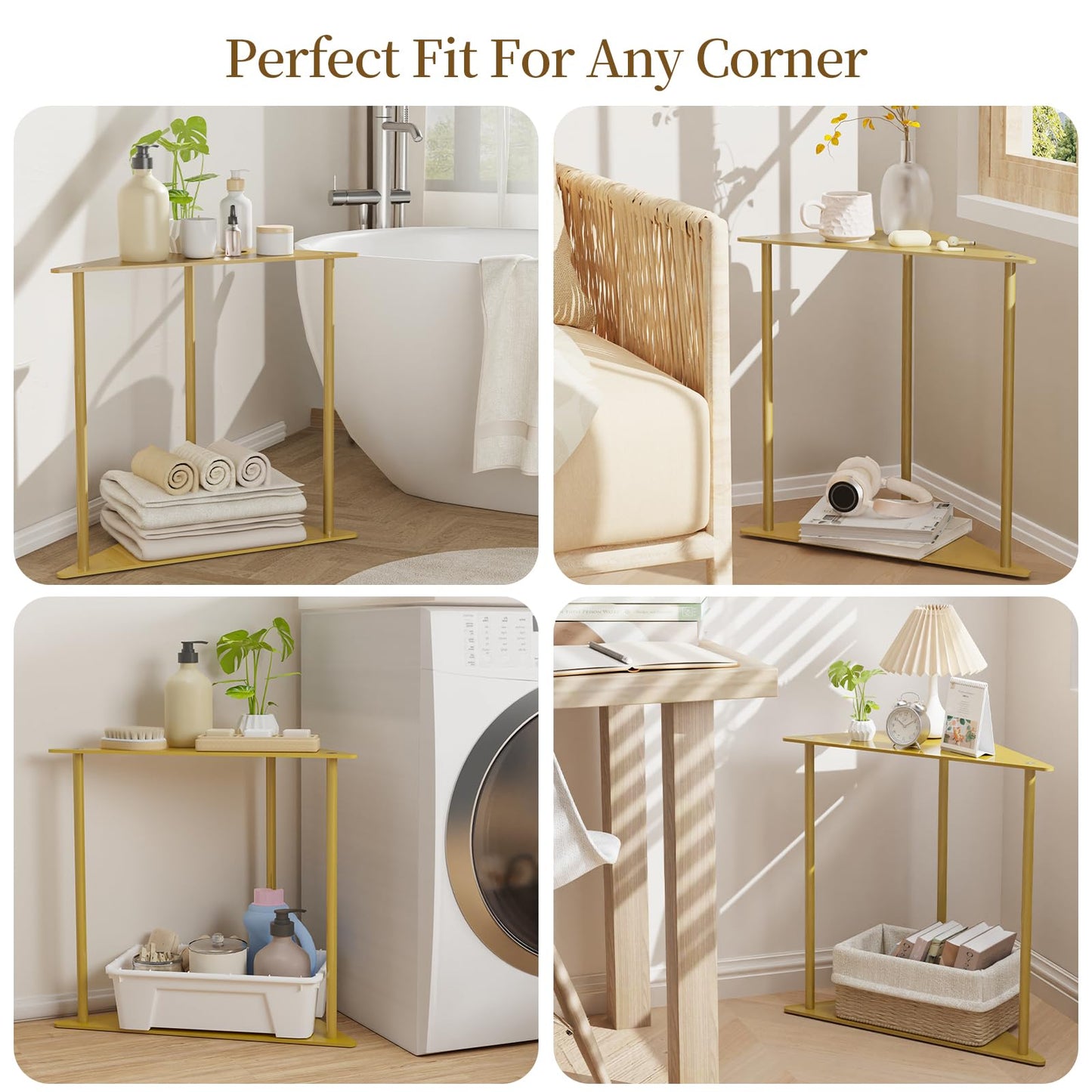 Yawinhe Triangle Metal Side Table,2-Tier Small Corner Table,Golden,2 Pack
