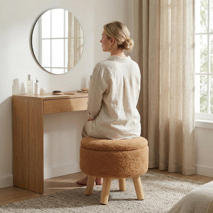 Perclyzm 13 Inch Round Storage Stool With Lid, Teddy Fleece Footstool With Storage, Padded Pouffe With Solid Wood Legs