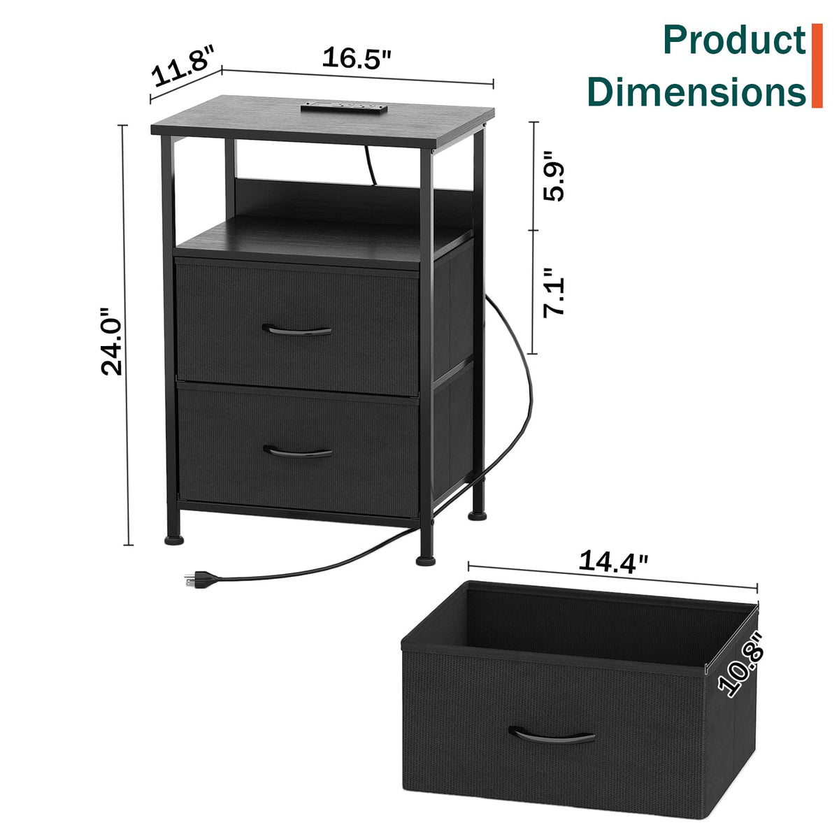 Flrrtenv Bedside Table with Charging Station, Smart Beside Cabinet, Nightstand with 2 Fabric Drawers & LED Light