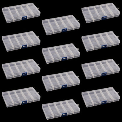 DAKFOOK 12 Pack 15 Grid Bead Organiser Storage Box,17.3x9.8x2.3cm Transparent Craft Bead Storage Boxes with Removable Compartments,15 Compartment