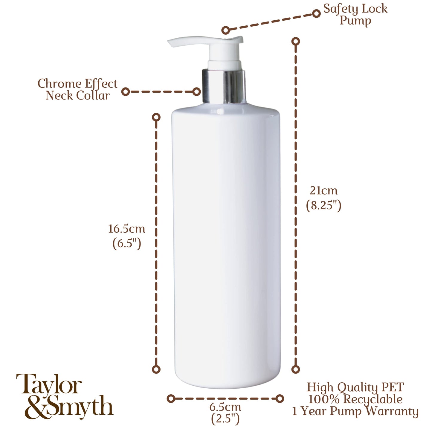 Taylor & Smyth 3 x 500ML PET PUMP DISPENSER BOTTLE MRS HINCH STYLE BATHROOM KITCHEN SHAMPOO CONDITIONER CONDITIONER WHITE CHROME